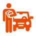Orange icon depicting a person standing next to a car, holding a clipboard.