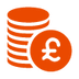 Orange icon depicting a stack of coins with a British pound symbol.