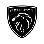 Peugeot logo in white featuring a stylised lion's head within a shield shape, with the word 'PEUGEOT' above the lion's head on a black background.