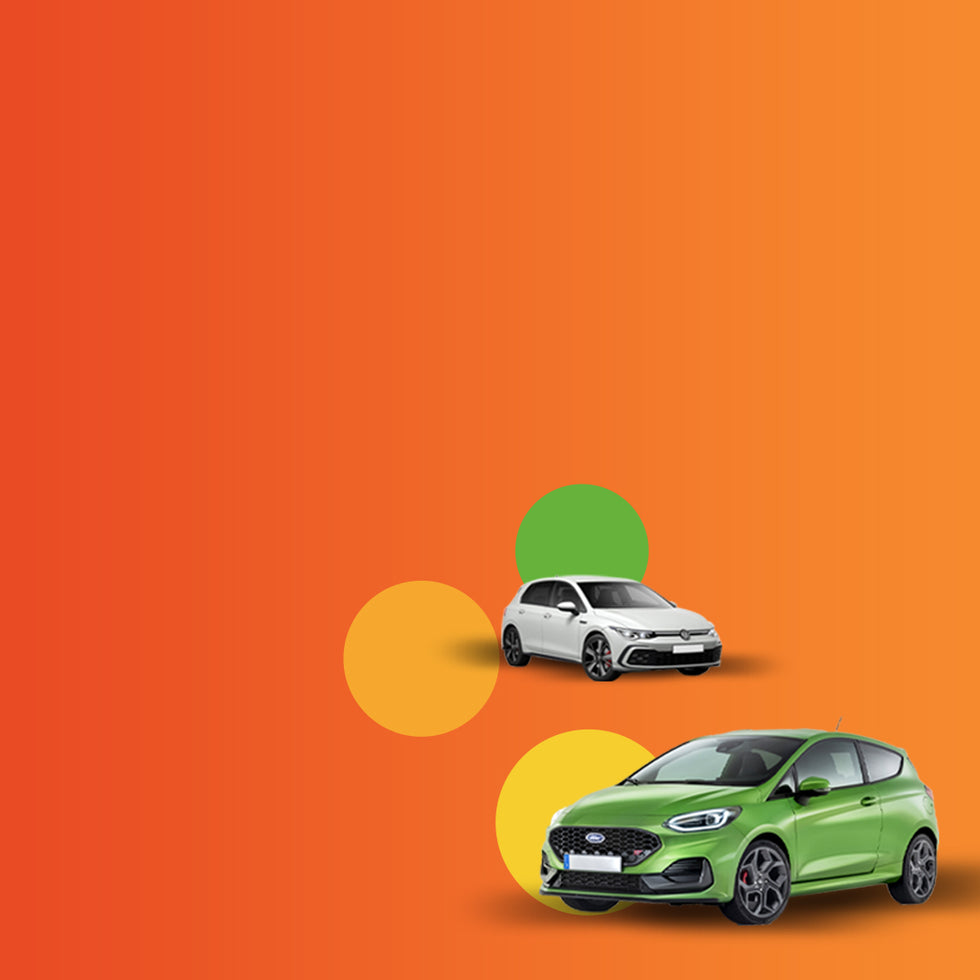 Two cars, one white and one green, are displayed against an orange gradient background with yellow and green circular shapes. The white car is in the background, and the green car is in the foreground, creating a vibrant and dynamic automotive-themed design.