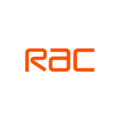 RAC logo in orange featuring the stylised letters 'RAC' in a modern, geometric typeface.