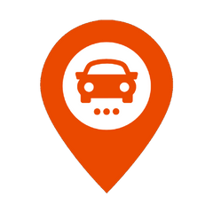 Orange map pin icon with a white circle in the center containing an orange car symbol and three dots underneath, indicating a vehicle location or car service point.