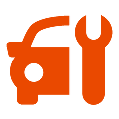 Orange icon depicting the front half of a car next to a wrench, representing car repair or maintenance services.