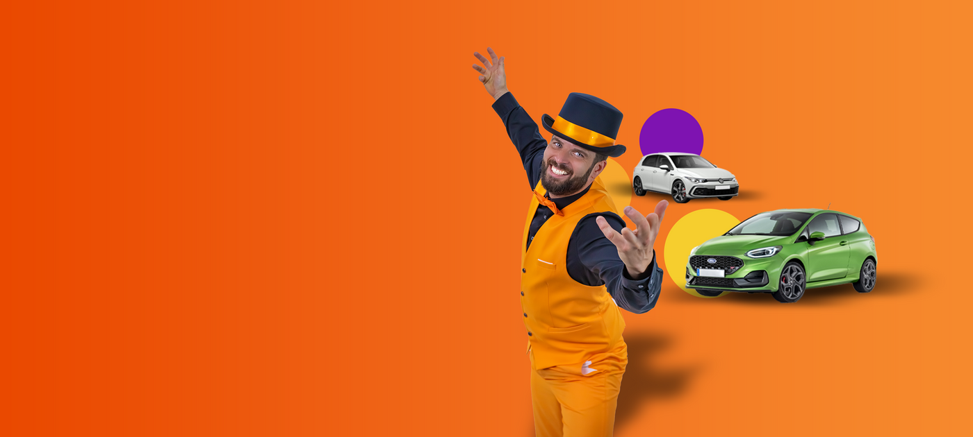 Man in an orange suit and top hat smiling with arms wide open next to a white car and a green car on an orange background with purple, yellow, and green circles.