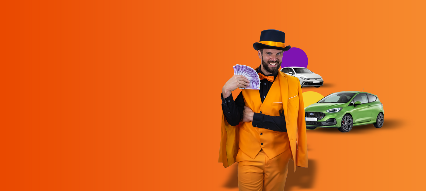 Man in an orange suit and top hat smiling and holding a fan of currency notes next to a white car and a green car on an orange background with purple, yellow, and red circles.