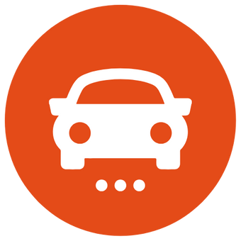 Orange circular icon with a white car symbol in the center and three dots underneath, indicating a vehicle location or car service point.