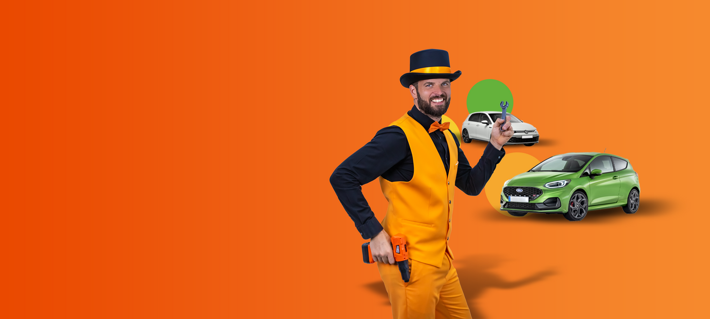 Man in an orange suit and top hat smiling and holding a wrench next to a white car and a green car on an orange background with yellow and green circles.